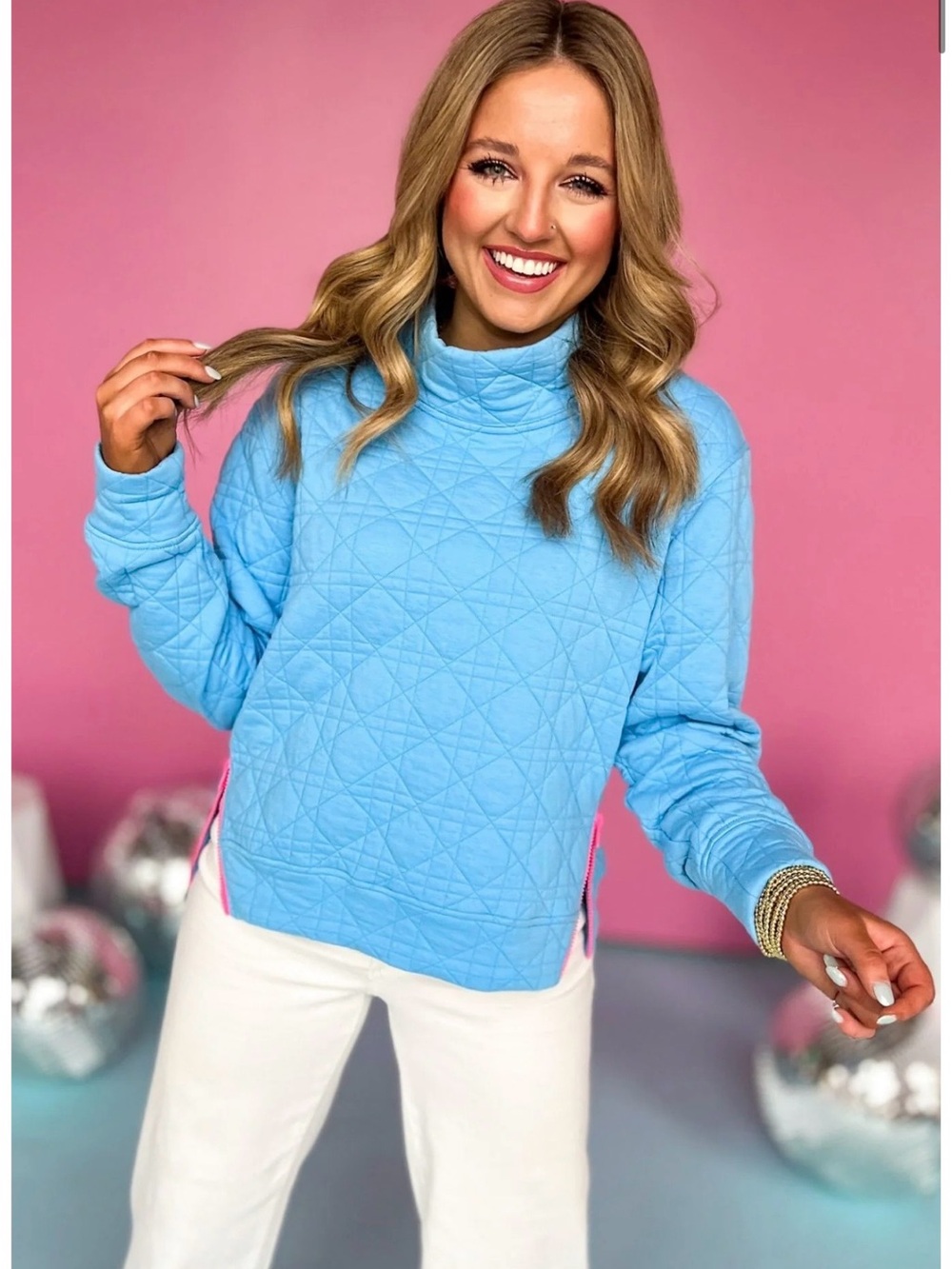 Women's Quilted Light Blue Cowl Pullover Sweater
